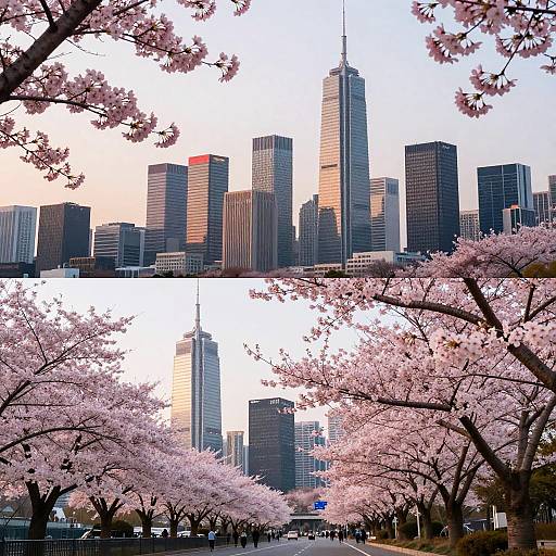 Photograph of a city skyline with tall skyscrapers, viewed through pink cherry blossom trees in the foreground. Top and bottom halves show different angles and