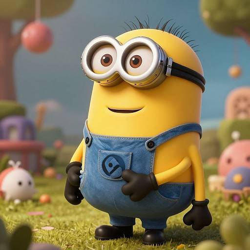 CGI image of Minion-style character from Despicable Me, standing on grassy field, wearing blue overalls, black gloves, goggles, and