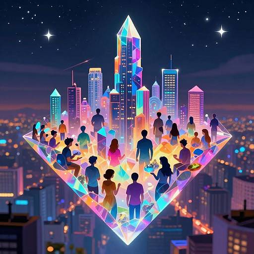 Digital artwork: Silhouetted crowd in neon-lit, geometric cityscape with glowing skyscrapers, floating above a starry night cityscape