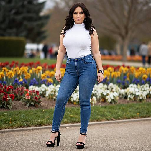 Photograph of a curvy woman with long dark hair, wearing a white sleeveless top, blue jeans, black high heels, standing in a vibrant