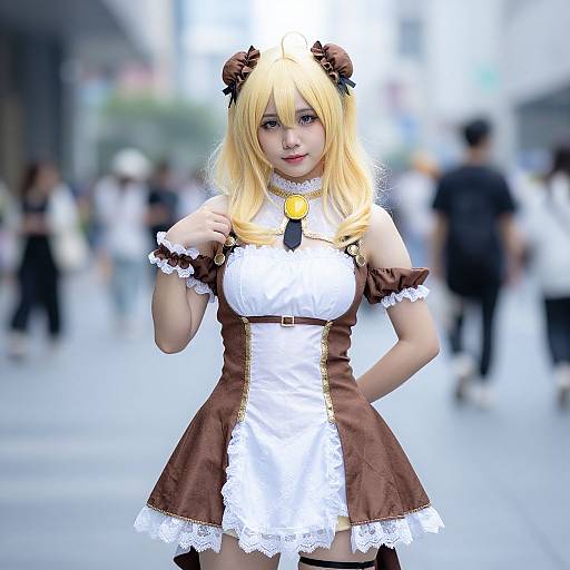 Photograph of a blonde woman in a brown and white maid cosplay with black bows, standing in a blurred urban street.