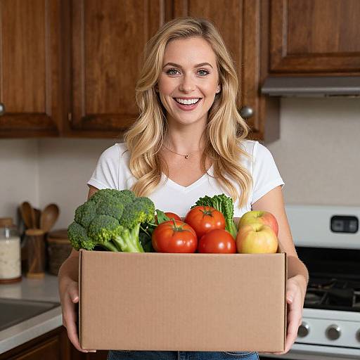 Blonde woman with wavy hair, white shirt, smiling, holding a cardboard box with broccoli, tomatoes, apples, and bell peppers in a wooden