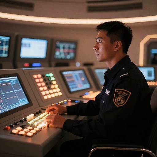 Futuristic Control Room with Man in Uniform