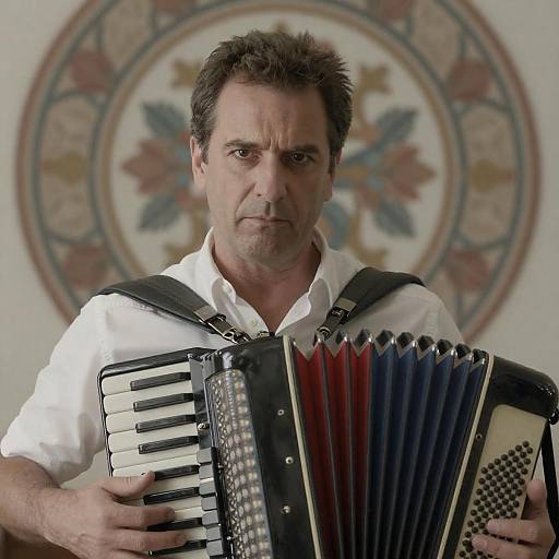 Focused Accordionist in Ornate Floral Setting