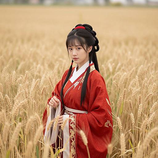 Photograph of an East Asian woman in a red traditional Korean hanbok, standing in a golden wheat field, holding a stalk.