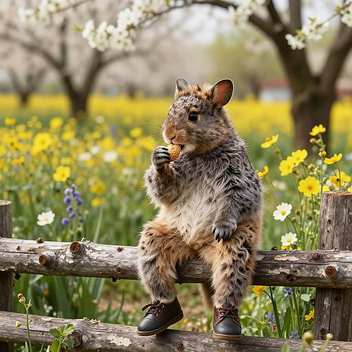 Photorealistic image of a fuzzy, brown and gray, anthropomorphic squirrel with black boots, sitting on a rustic wooden fence, eating, surrounded by