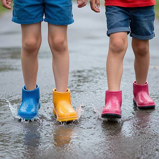 Photograph of three children's legs in colorful rubber boots—blue, yellow, pink—splashing in wet, reflective street on a rainy day.