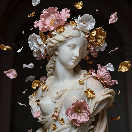 Photograph of a white marble statue of a serene woman with flowing hair, adorned with pink and white flowers, and golden petals floating around her against a