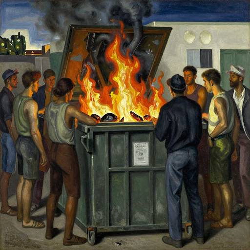 Oil painting of a group of men in casual attire watching a large metal dumpster burn with intense flames and smoke. Background includes a white building and blue sky
