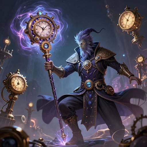 Digital fantasy artwork of a blue-furred, horned wizard with glowing eyes, holding a clock-staff emitting purple energy, surrounded by floating, glowing