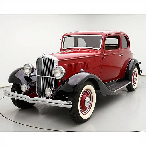 Photograph of a classic red and black vintage car with white-walled tires, chrome grille, and rounded fenders, displayed on a white circular platform