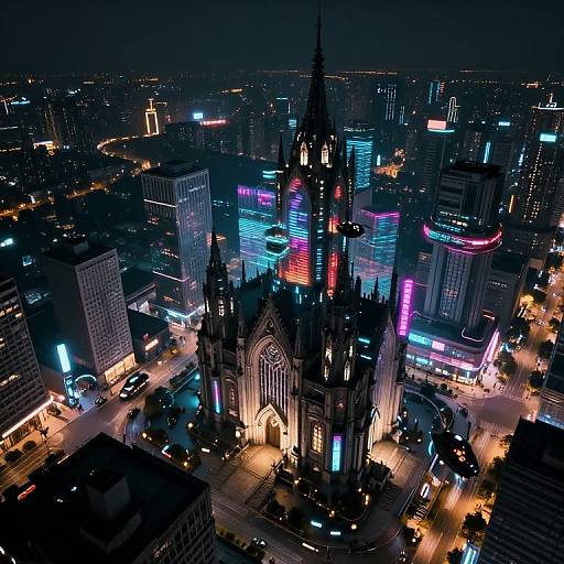 Nighttime aerial photograph of a cityscape featuring a brightly lit, gothic-style cathedral surrounded by neon-lit skyscrapers and bustling streets.