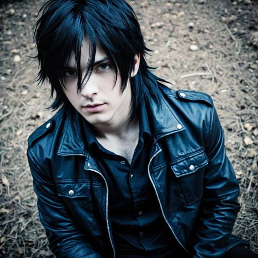 Male Cosplayer in Black Leather Jacket with Intense Blue Eyes