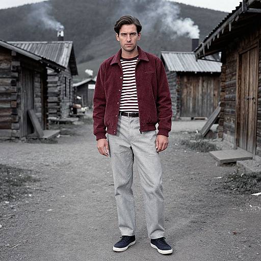 Vintage Vibe Man in Maroon Varsity Jacket