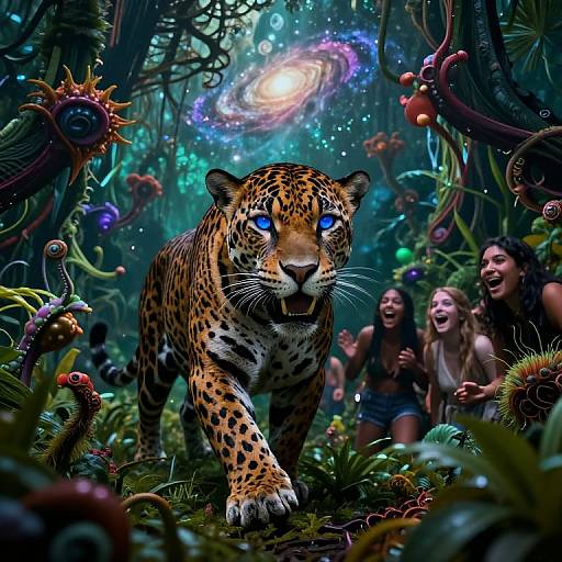 Digital fantasy artwork: A blue-eyed leopard with glowing eyes leads laughing women through a vibrant, surreal forest filled with colorful, alien-like plants under a glowing