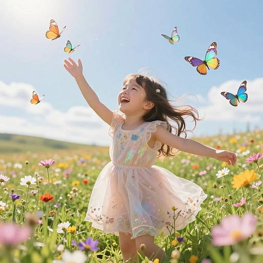 Photograph of a smiling young girl in a pink floral dress, joyfully reaching for colorful butterflies in a vibrant, sunny meadow filled with flowers.