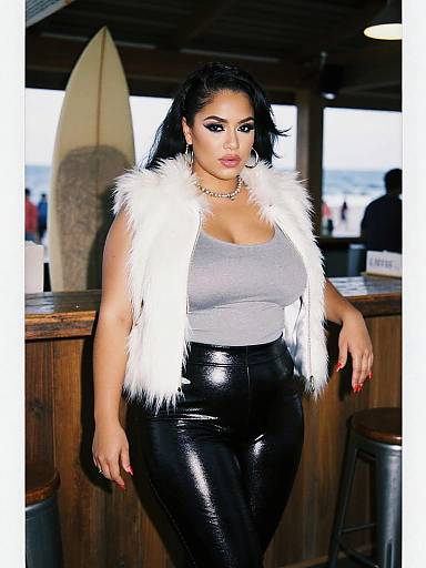 Photograph of a curvy Latina woman with dark hair, wearing a white feather vest, gray tank top, and shiny black pants, standing in a
