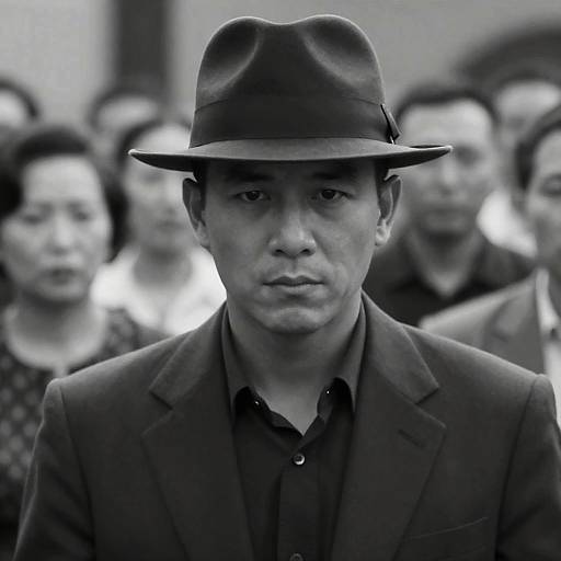 Serious Man in Fedora Amidst Blurry Crowd