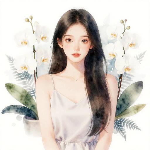 Delicate Young Woman with White Orchids Watercolor