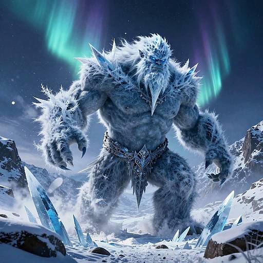 CGI fantasy image of a muscular, furry, ice-covered monster with sharp spikes, blue glowing eyes, and icy crystals in a snowy, aurora
