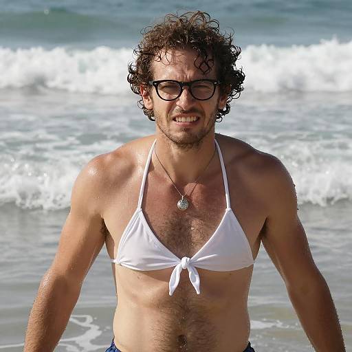 Man in Bikini Top by the Ocean