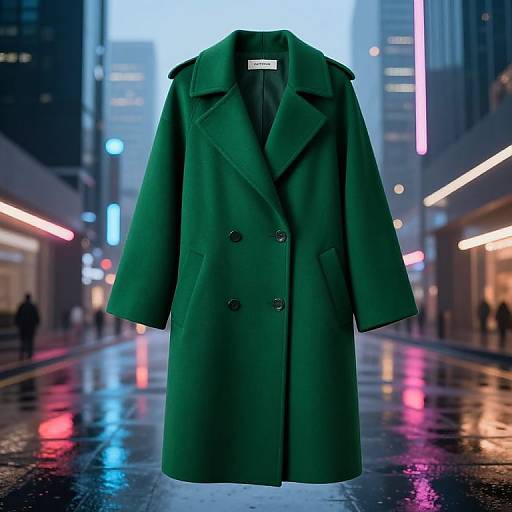 Photograph of a dark green, double-breasted coat hanging in a neon-lit, rainy city street at night, with blurred pedestrians and reflections on