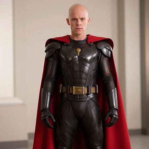 Photograph of a bald, serious-looking man in black armored superhero suit with red cape, standing in a bright, minimalistic room.