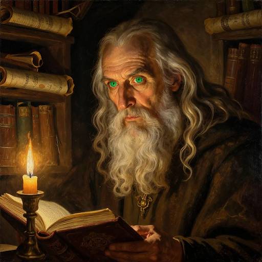 Digital painting of an elderly wizard with long white hair, green eyes, and a white beard, reading by candlelight in a dimly lit, book