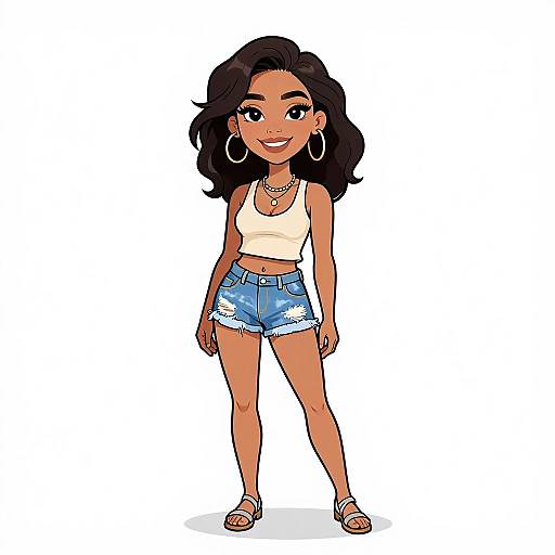 Digital cartoon of a smiling young woman with dark skin, wavy black hair, wearing a white tank top, blue distressed shorts, hoop earrings, and