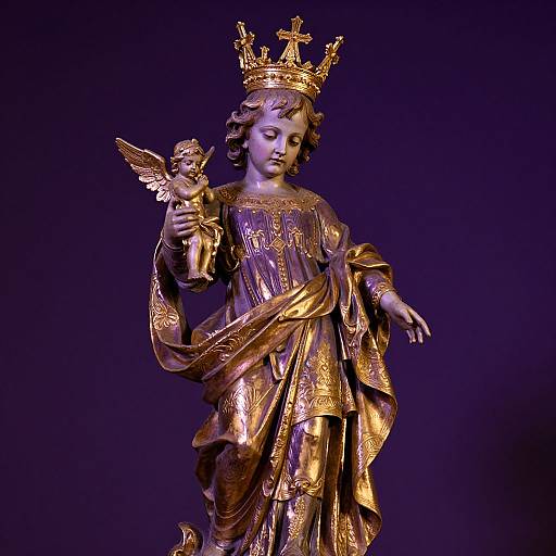 Golden statue of a crowned angelic figure with wings, holding a small angel, wearing ornate robes, against a dark purple background. Photograph.