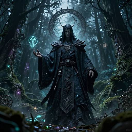 Digital fantasy art: Dark armored figure with glowing halo, holding mystical orb, stands in enchanted forest with glowing runes and mist.