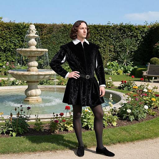 Photograph of a young, white, curly-haired man in black velvet tunic, black stockings, and shoes, standing in a lush garden with a
