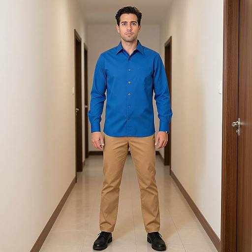 Photograph of a man with short dark hair, blue shirt, beige pants, black shoes, standing in a brightly lit, empty white hallway.