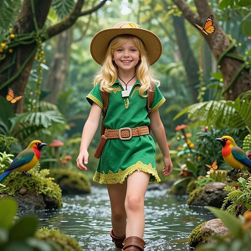 Photograph-style CGI image of a smiling blonde girl in a green elf costume with yellow trim, brown belt, and hat, walking through a lush,