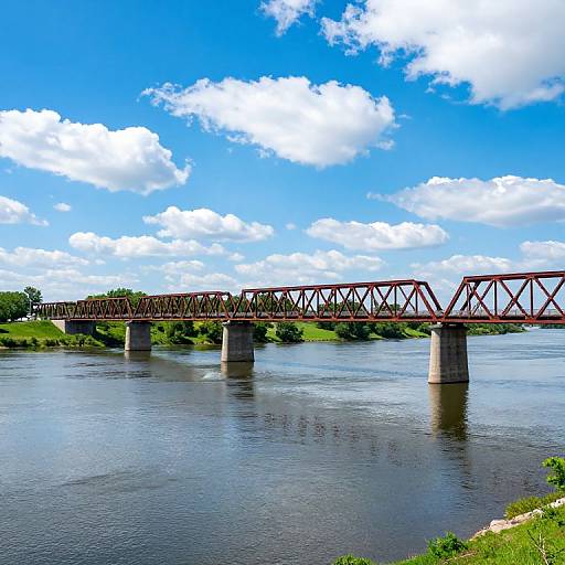 Photograph of a red steel truss bridge spanning a calm river, under a bright blue sky with scattered white clouds. Green trees and grassy banks