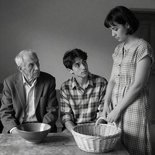 Black-and-White Rustic Portrait of Three People