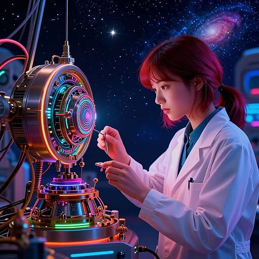 Photorealistic digital artwork: Asian woman in white lab coat adjusts colorful, glowing robotic device against starry space background.
