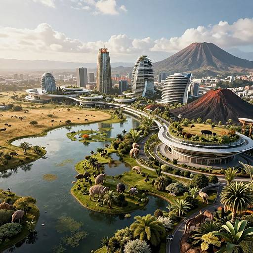 Photorealistic CGI of a futuristic cityscape with modern skyscrapers, lush greenery, winding river, elephants, palm trees, and a volcanic