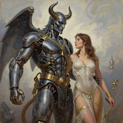 Digital painting of a muscular, horned, robotic demon in silver armor standing beside a sultry, brunette woman in a sheer white gown, holding a