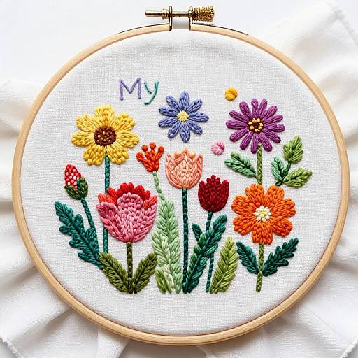 Colorful embroidery of flowers in a wooden hoop frame, featuring red, yellow, pink, purple, and orange blossoms with green leaves, with 