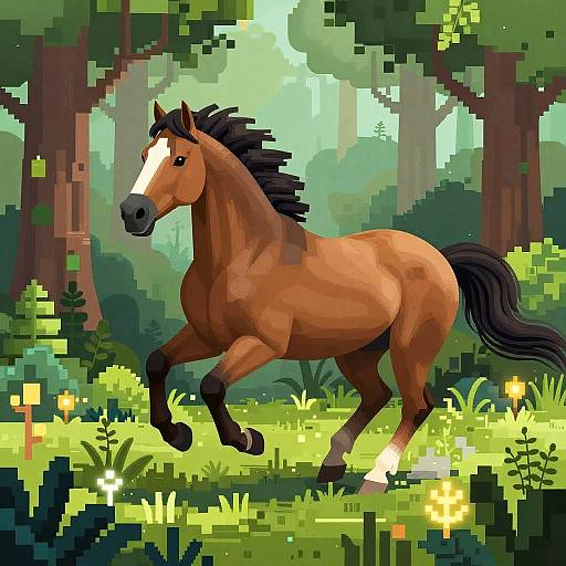 Pixel art of a brown horse with a white blaze, black mane, and tail, galloping through a vibrant, sunlit forest.