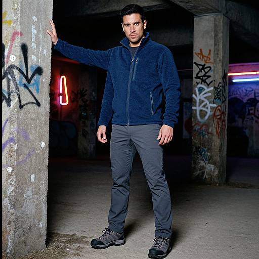 Photograph of a serious-looking man in a dark blue jacket and black pants standing in a graffiti-covered, dimly-lit underground parking garage with neon