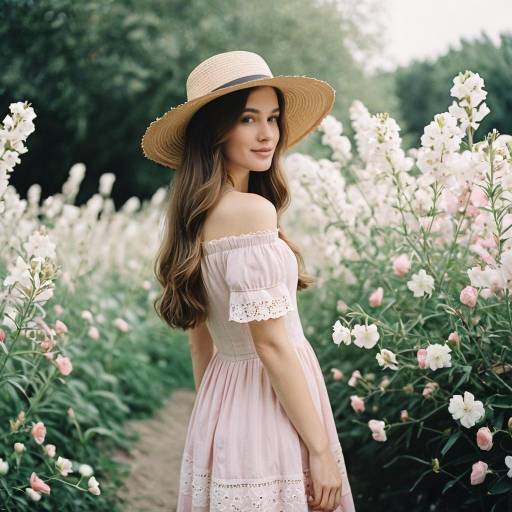 Young Woman in Straw Hat Among Flowers