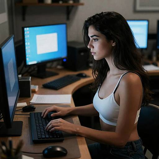 Focused Woman in a Dimly Lit Workshop