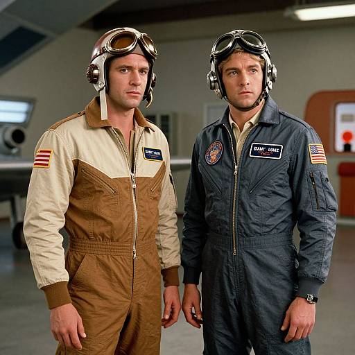 Photograph of two men in NASA-style flight suits, wearing aviator helmets with goggles, standing in a modern laboratory. One in brown, one in