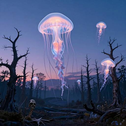 Photograph of glowing blue and white jellyfish floating above a dark, eerie forest at dusk, with skeletal remains on the ground.