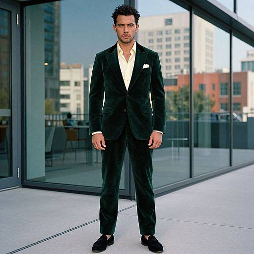 Photograph of a handsome, dark-haired man in a black velvet suit, white shirt, and black loafers, standing on a modern glass building balcony
