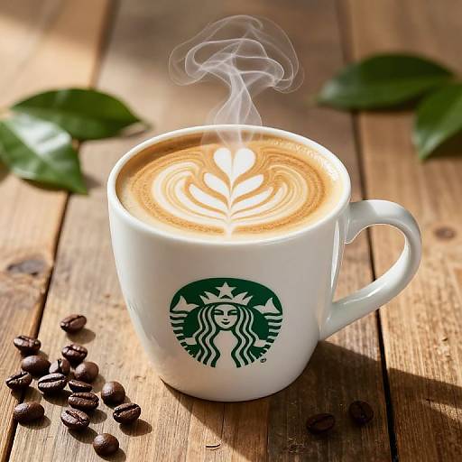 Photograph of a steaming Starbucks latte with intricate leaf latte art, white cup, green logo, on wooden table with coffee beans and leaves