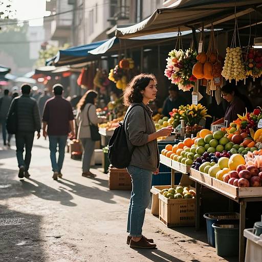 Photograph of a curly-haired woman in a brown jacket and blue jeans, shopping at a sunlit outdoor market with colorful fruits and hanging dried goods,