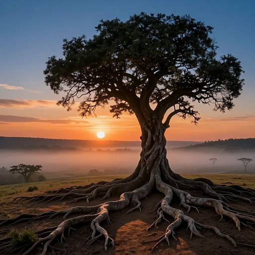 Photograph of a silhouetted, twisting tree with exposed roots at sunset, orange sky, mist-covered savanna, distant trees, and a